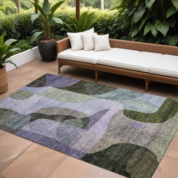Homeroots 10' X 14' Olive Green Purple And Charcoal Abstract Washable Indoor Outdoor Area Rug 604449 - main