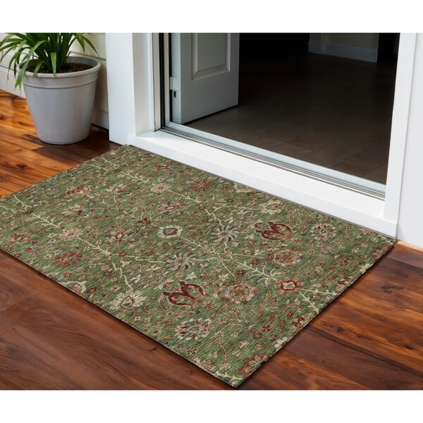 Homeroots 3' X 5' Fern Green Brown And Red Floral Washable Indoor Outdoor Area Rug 603413 - main