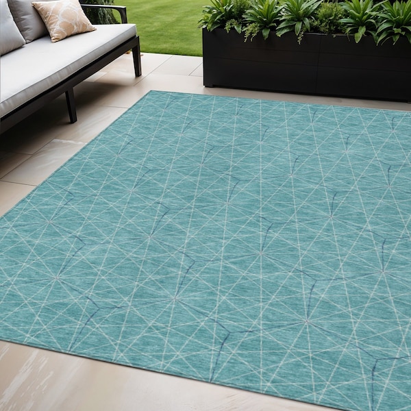 Homeroots 5' X 8' Teal Blue Black And Ivory Geometric Washable Indoor Outdoor Area Rug 596771 - main
