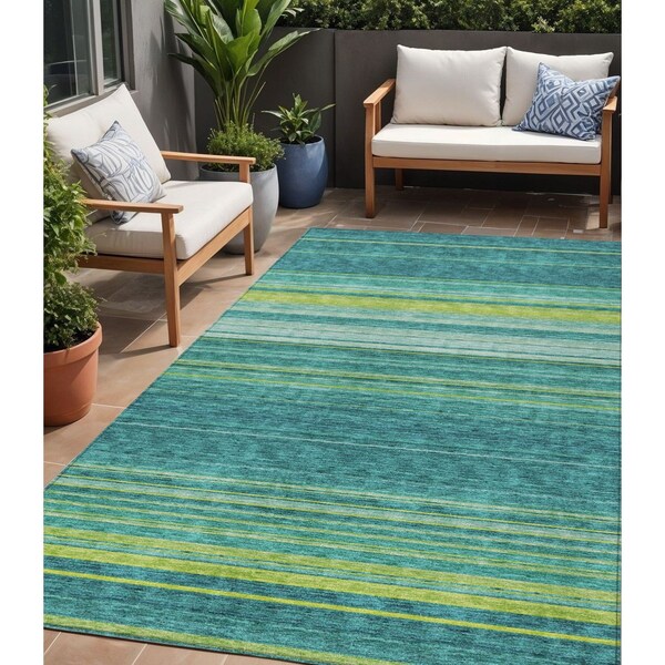 Homeroots 5' X 8' Teal Blue Lime Green And Turquoise Striped Washable Indoor Outdoor Area Rug 614840 - main