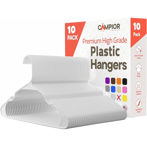 Campior Premium White Clothes Hangers, Slim, Durable, with Shoulder Grooves for Coats and Laundry, 10PK CMPPLH10WH - main