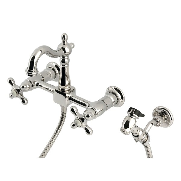 Kingston Brass Two-Handle Wall Mount Bridge Kitchen Faucet with Brass Sprayer, Polished Nickel KS2446AXBS - main