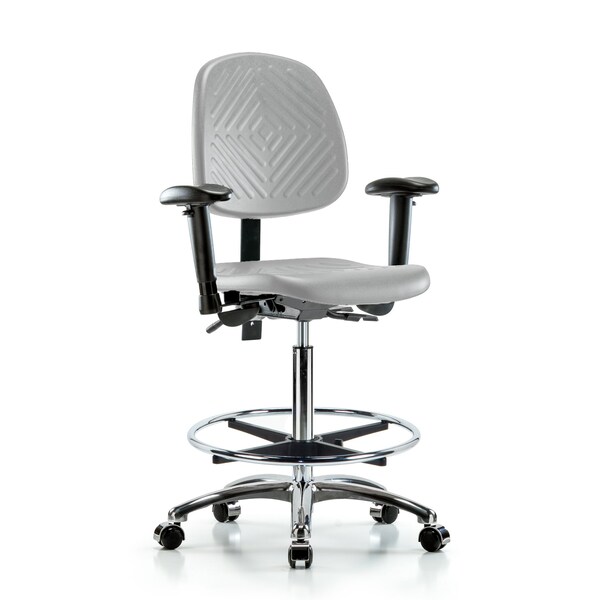 Blue Ridge Ergonomics Poly Chair Chrome-High Bench Ht with Med Back, Seat Tilt, Adj Arms, Chrome FR, &Casters in Gray Poly PHBCH-MB-CR-T1-A1-CF-CC-GRY - main