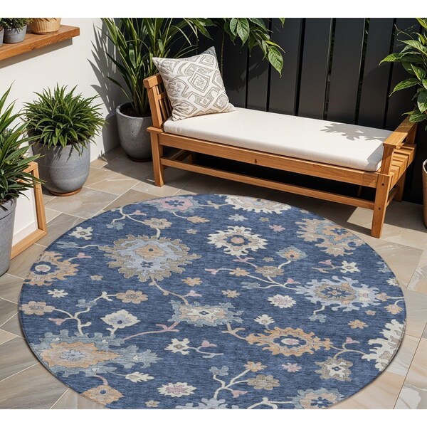 Homeroots 8' Navy Blue Beige And Gray Round Floral Washable Indoor Outdoor Area Rug 606166 - main