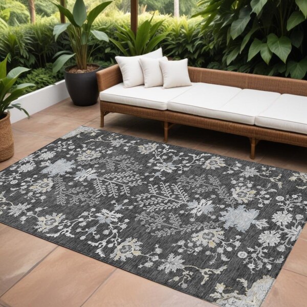 Homeroots 10' X 14' Charcoal Gray And Beige Floral Washable Indoor Outdoor Area Rug 605466 - main