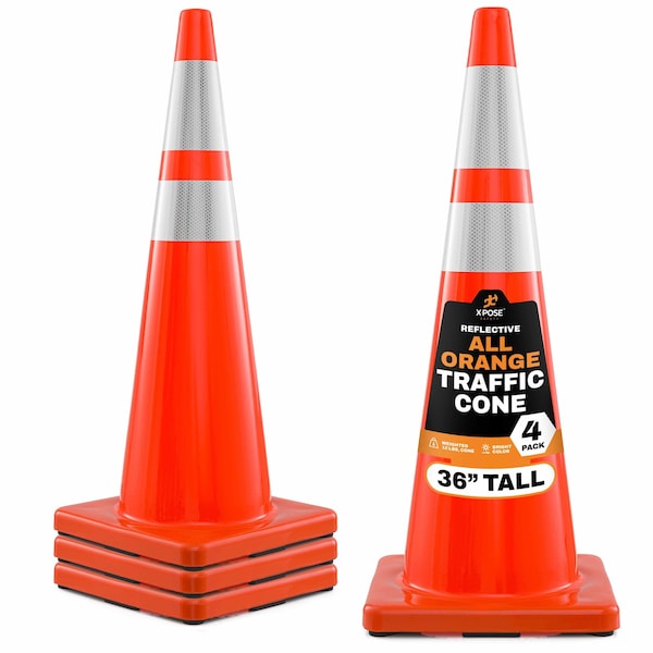 Xpose Safety 36 Inch Orange Traffic Cones Heavy Duty 12lb with 6in and 4in Collars, DOT Approved, 4PK AOTC36-64-12L-4-X-S - main