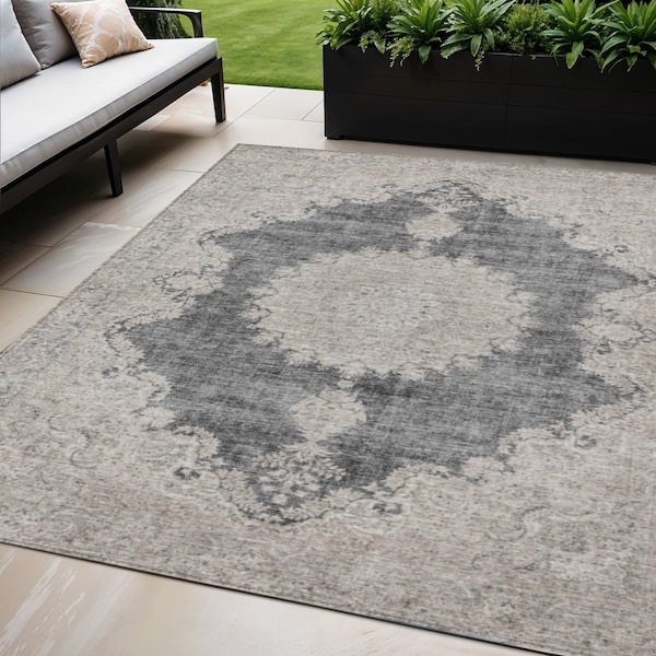 Homeroots 5' X 8' Black And Ivory Oriental Washable Indoor Outdoor Area Rug 597723 - main