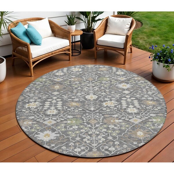 Homeroots 8' Charcoal Ivory And Green Round Oriental Washable Indoor Outdoor Area Rug 598030 - main