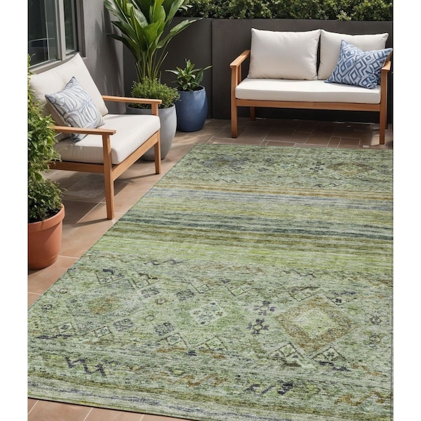 Homeroots 5' X 8' Artichoke Green Blue And Black Floral Washable Indoor Outdoor Area Rug 606171 - main