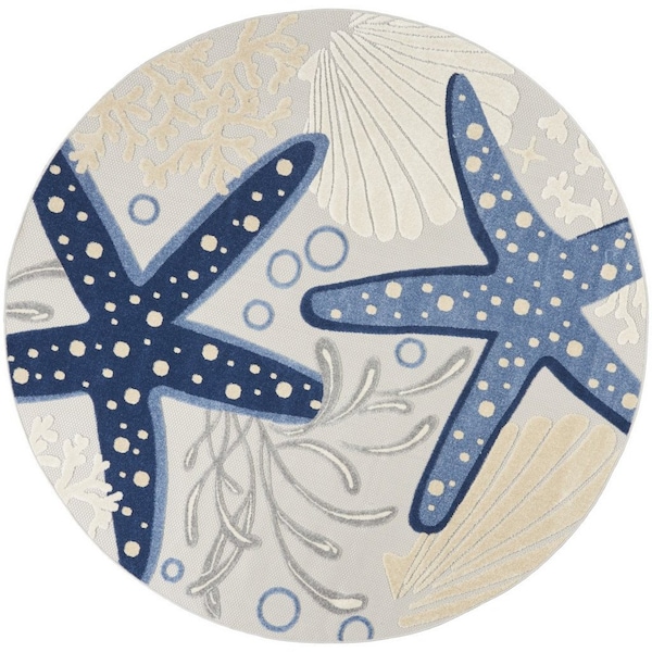 Homeroots 8' Navy Blue And Gray Round Starfish Indoor Outdoor Area Rug 546822 - main