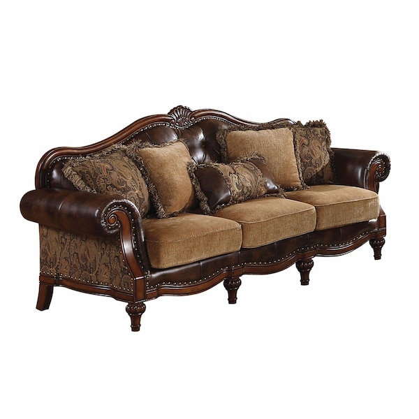 Homeroots 37" Brown Faux Leather and Chenille Sofa And Toss Pillows With Dark Brown Legs 348631 - main
