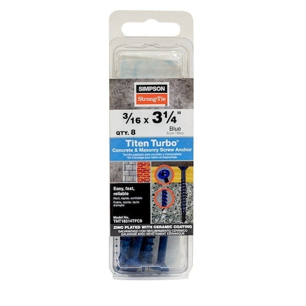 Simpson Strong-Tie Titen Turbo Screw Anchor, 3/16 in Dia, 3-1/4 in L, Carbon Steel, Zinc Plated TNT18314TFC8 - main
