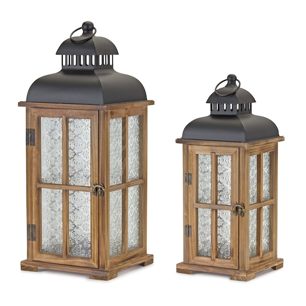 Homeroots Set of Two Brown and Black Frosted Glass Wood and Metal Floor Lantern Candle Holders, 2PK 517615 - main
