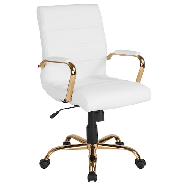 Flash Furniture Mid-Back White Leather Swivel Office Chair with Gold Frame and Arms GO-2286M-WH-GLD-GG - main