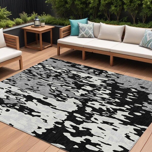 Homeroots 10' X 14' Black And Ivory Abstract Washable Indoor Outdoor Area Rug 613331 - main
