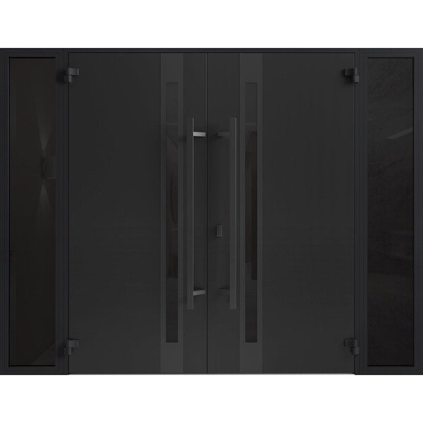 Vdomdoors Front Exterior Prehung Aluminum Double Doors Ronex1033 Teak 2 Sidelights Mirrored Clear Glass Entry RONEX1033DEXD-OAK-W12+72+12xH80-LH-O - main