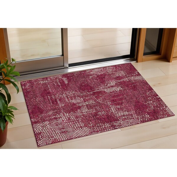 Homeroots 3' X 5' Burgundy And Ivory Geometric Washable Indoor Outdoor Area Rug 594527 - main