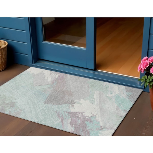 Homeroots 3' X 5' Blue Teal Blue And Gray Abstract Washable Indoor Outdoor Area Rug 611246 - main