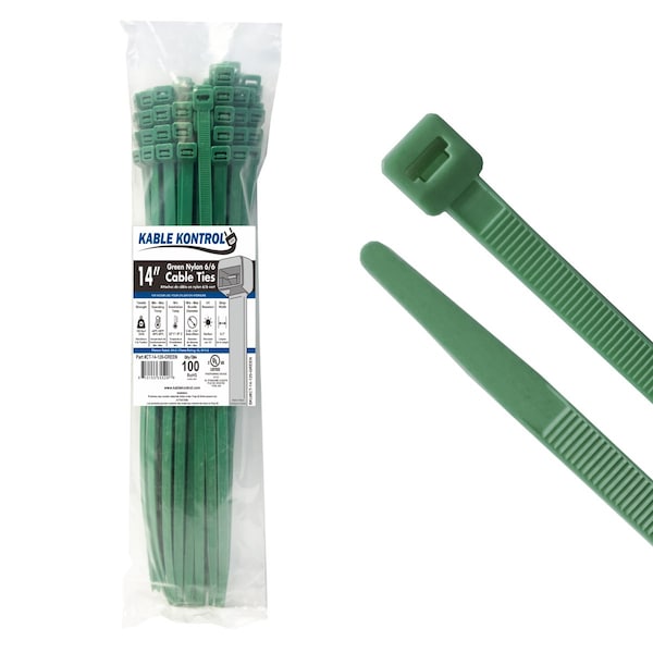 Kable Kontrol Color Cable Zip Ties, 14 in L, Green, Nylon 6-6, 120 lb Strength, 100 PK CT-14-120-GREEN - main