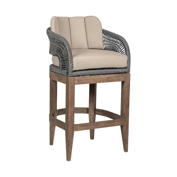 Armen Living Orbit Outdoor Patio 30in Bar Stool in Weathered Eucalyptus Wood with Gray Rope and Taupe Cushions LCORBAEUCTP30 - main