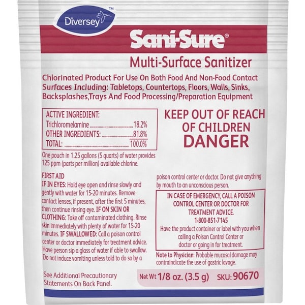 Diversey Sanitizer Concentrate, 0.13 oz. Packets, Unscented, Yellow, 100 PK 90670 - main