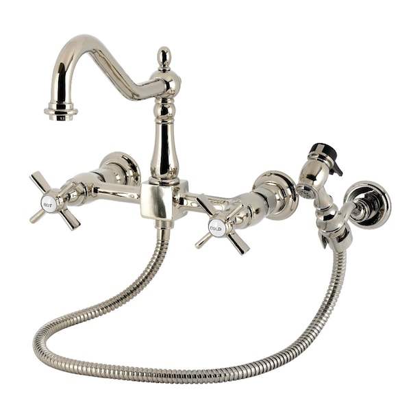 Kingston Brass Two-Handle Wall Mount Bridge Kitchen Faucet with Brass Sprayer, Polished Nickel KS1246ZXBS - main