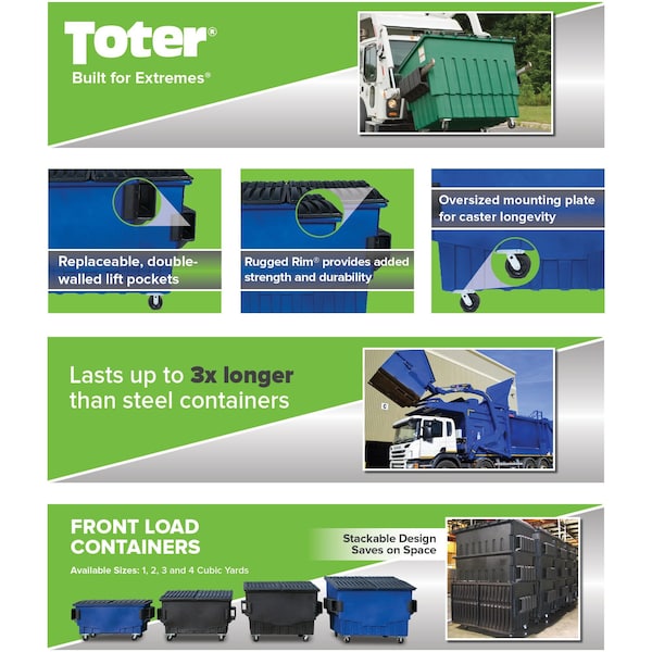Toter Front Load Container, 4 Cubic Yard 2000 lbs. Cap., Waste Green FR040-00925 - main