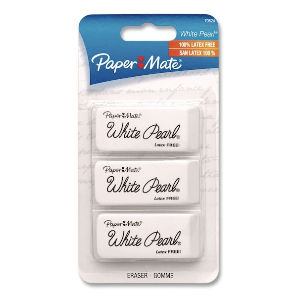 Paper Mate White Pearl Latex-Free Plastic Eraser, For Pencil Marks, Rectangular Block, White, 3PK 70624 - main