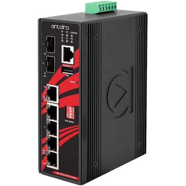 Antaira 7-Port Industrial Gigabit IEEE 802.3bt PoE+ Light Layer 3 Managed Ethernet Switch LMP-0702G-SFP-bt-T-V2 - main