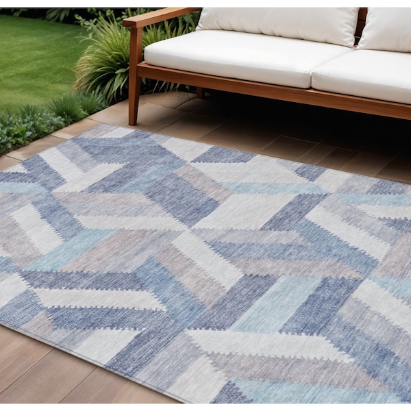 Homeroots 9' X 12' Denim Blue Geometric Washable Indoor Outdoor Area Rug 608062 - main