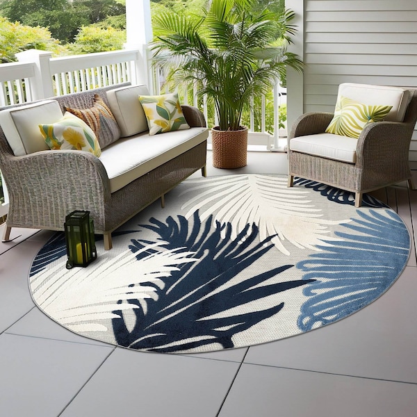 World Rug Gallery Amalfi Contemporary Tropical Floral Indoor/Outdoor Area Rug 8 ft Round Navy 8013NAVY8RND - main