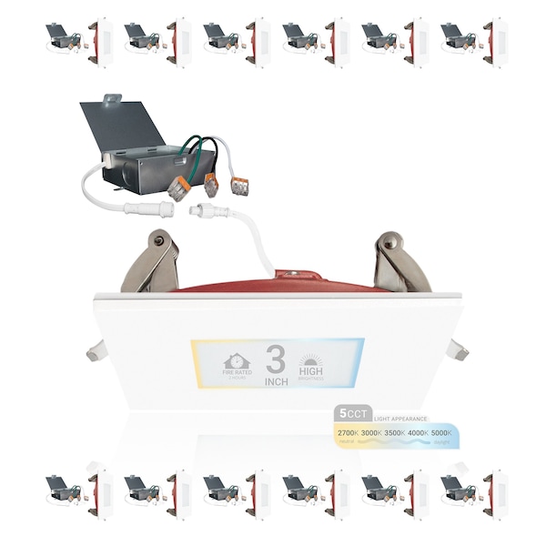 Nuwatt 3 Inch 2 Hour Square Trim Fire Rated Recessed Lighting Canless LED Lights 2700K-5000K, 550LM, 12PK NW-P-SQDL-3-8W-5CT-FR-WH-12P - main