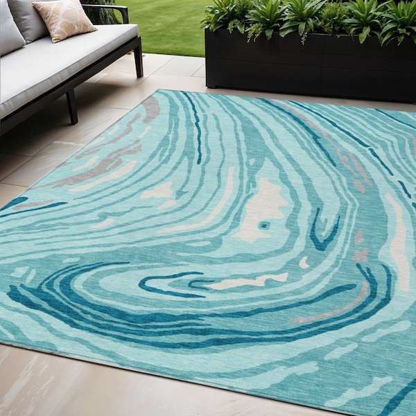 Homeroots 5' X 8' Turquoise Teal Blue And Gray Abstract Washable Indoor Outdoor Area Rug 601309 - main