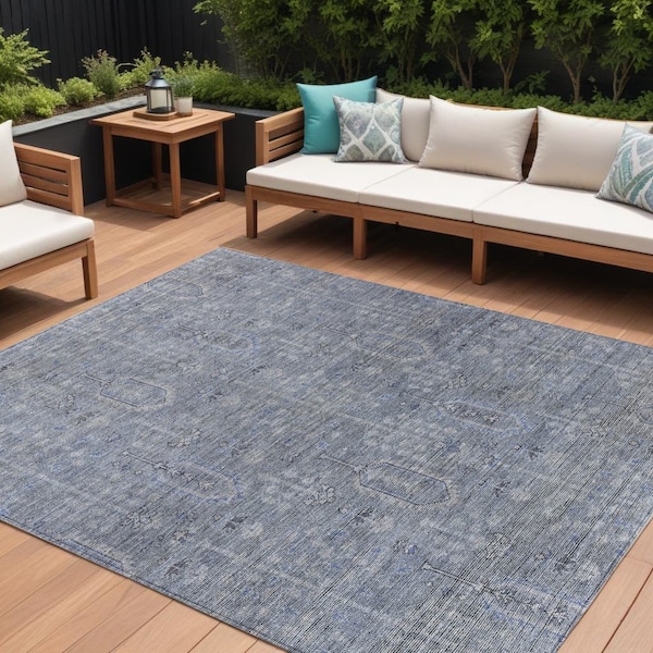 Homeroots 9' X 12' Navy Blue And Gray Southwestern Washable Indoor Outdoor Area Rug 587042 - main