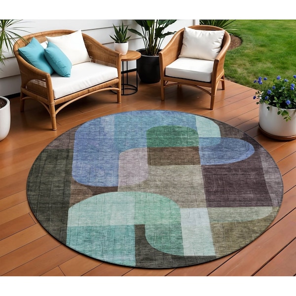 Homeroots 8' Brown Blue And Green Round Abstract Washable Indoor Outdoor Area Rug 604472 - main