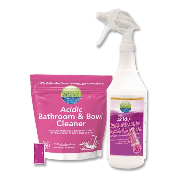 Diversey Aqua ChemPacs Acidic Bathroom/Bowl Cleaner, Lavender, 4 g Packets, 12 ChemPacs, 1 qt Spray Bottle 9320999 - main
