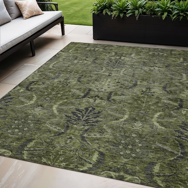 Homeroots 5' X 8' Olive Green And Charcoal Damask Washable Indoor Outdoor Area Rug 603330 - main