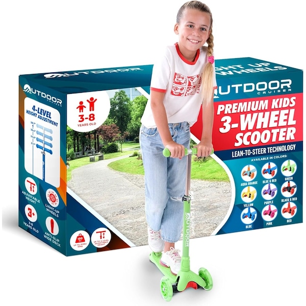 Outdoorcruiser Outdoor Cruiser 3-Wheel Kids Scooter, Lean-to-Steer, LED Wheels, Adjustable T-Bar, Green OCKSGR - main