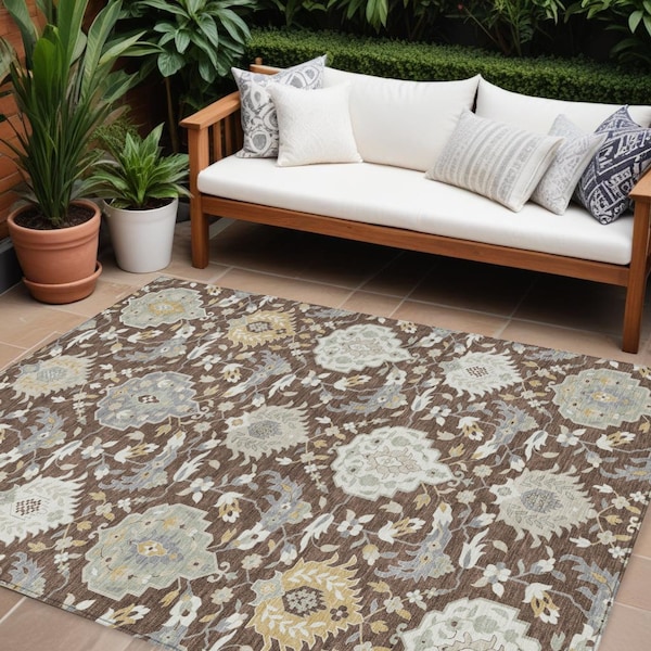 Homeroots 9' X 12' Brown Gray And Ivory Damask Washable Indoor Outdoor Area Rug 599404 - main