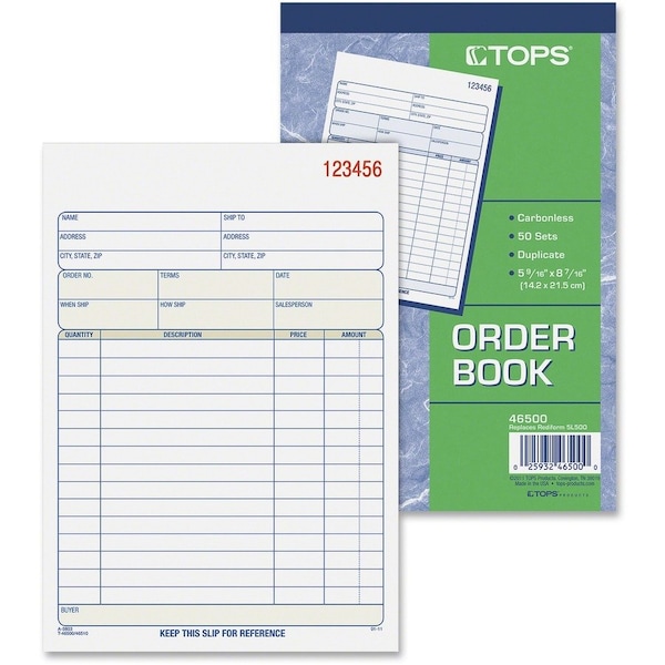 Tops Products TOPS, Sales Order Book, 5-9/16 X 7-15/16, Two-Part Carbonless, 50PK 46500 - main