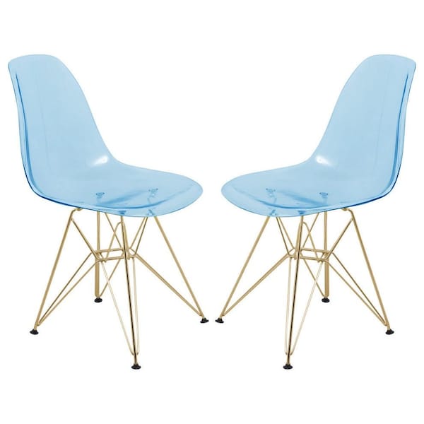 Leisuremod Cresco Plastic Dining Side Chair with Gold Base, Transparent Blue, 2PK CR19TBUG2 - main