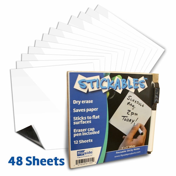 Flipside 5" x 5" White Dry Erase Stickables w/ Dry Erase Marker - 4 Packs of 12 Sheets 93355 - main