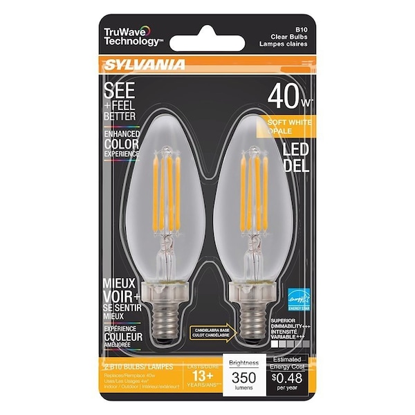 Sylvania Natural LED Bulb, Decorative, B10 Blunt Tip Lamp, 40 W Equivalent, E12 Lamp Base, Dimmable, Clear 40794 - main