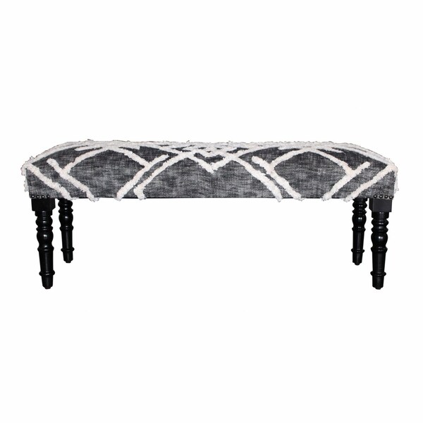 Homeroots 47in Gray And White Geometric Cotton Upholstered Distressed Bench 483465 - main