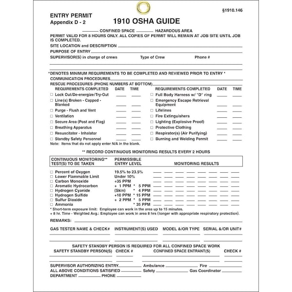 Accuform Confined Space Entry Permit Tag, 11inx8.5in, PF-Cardstock, 10PK CBS220 - main