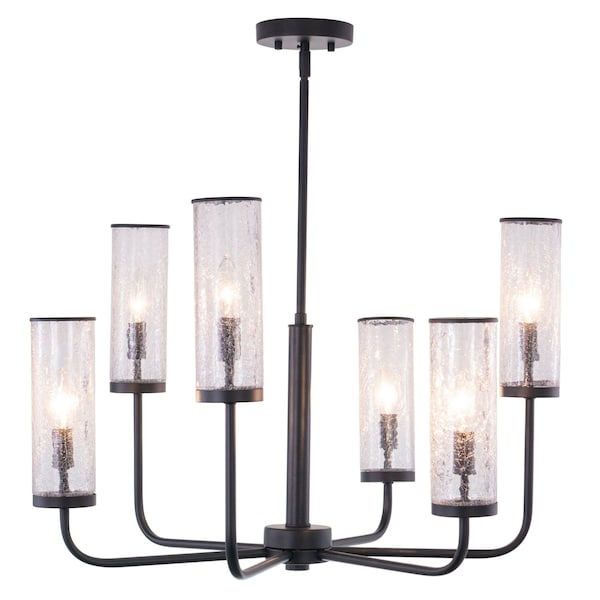 Vaxcel Glencoe 6-Light 28 in W Matte Black Chandelier, Clear Crackle Glass, Ceiling Pendant Fixture H0266R - main