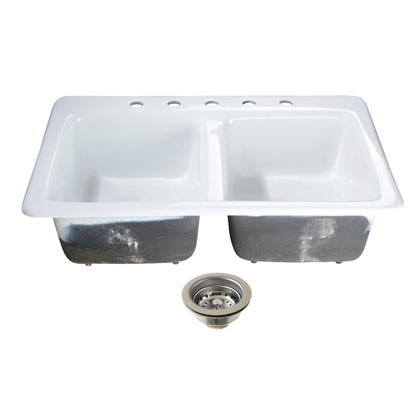 Kingston Brass 33-Inch Cast Iron Self-Rimming Double Bowl Drop-In Kitchen Sink, 5-Hole with Basket Strainers x 2 KGT33229D51 - main