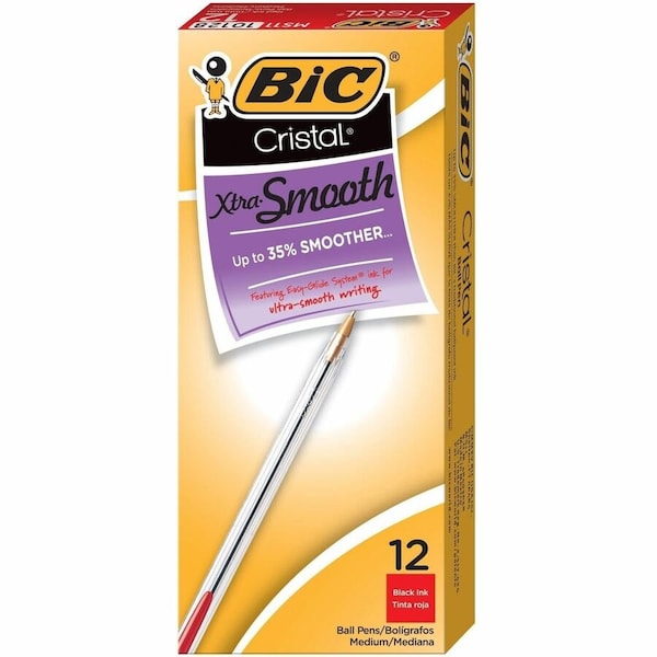 Bic Cristal Ballpoint Stick Pen, Medium, Clear Barrel, Red Ink, Dozen MS11RD - main