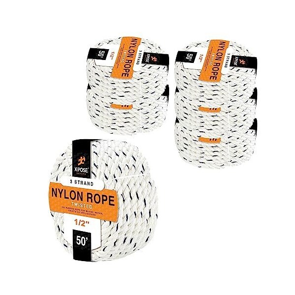 Xpose Safety Nylon Poly Rope, 1/2 in x 50 ft, 3-Strand Braided, Low Stretch, Indoor/Outdoor, 6PK NR12-50-6-X-S - main