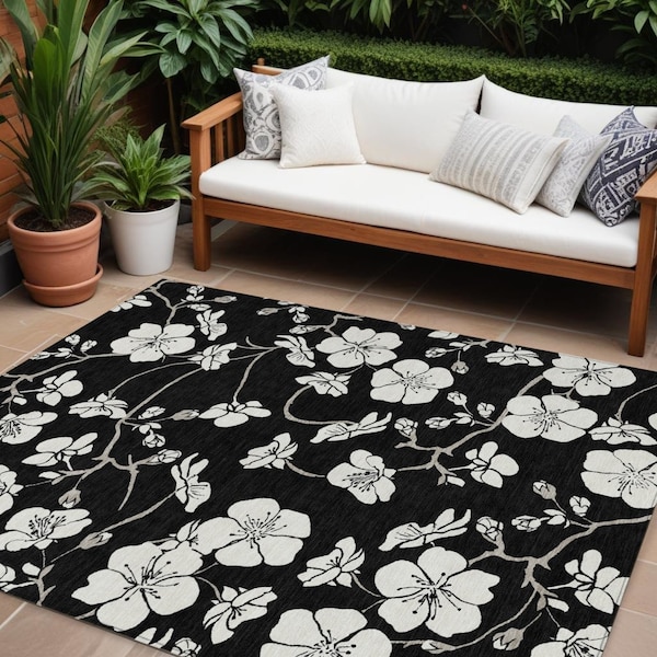 Homeroots 9' X 12' Black Ivory And Gray Floral Washable Indoor Outdoor Area Rug 599866 - main